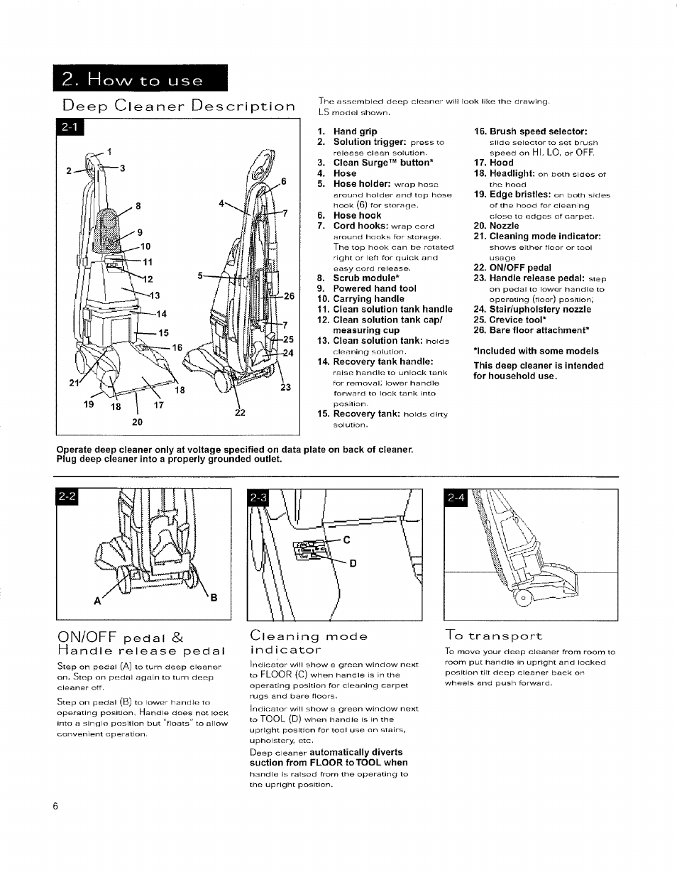 On/off pedal & handle release pedal, Cleaning mode ind icator | Hoover 56518114 User Manual | Page 6 / 15