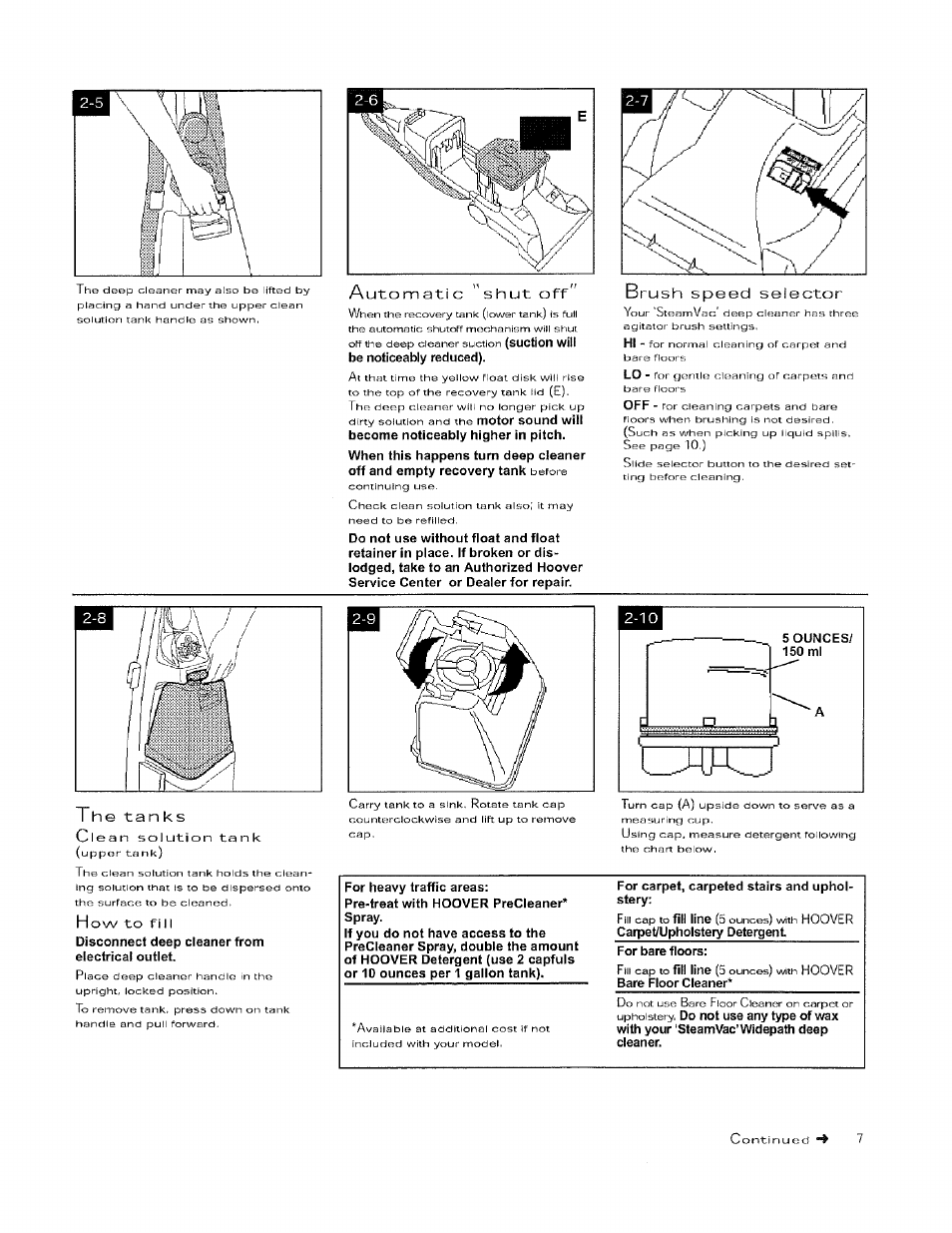 Utomatic shut off, Brush speed selector, The tan ks | Agitator speed selector, Automatic “shut-off | Hoover 56518114 User Manual | Page 7 / 15