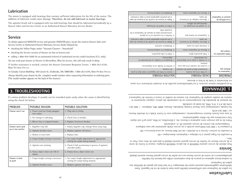 Dépannage, Lubrification, Service | Troubleshooting, Lubrication | Hoover C1800010 User Manual | Page 10 / 16