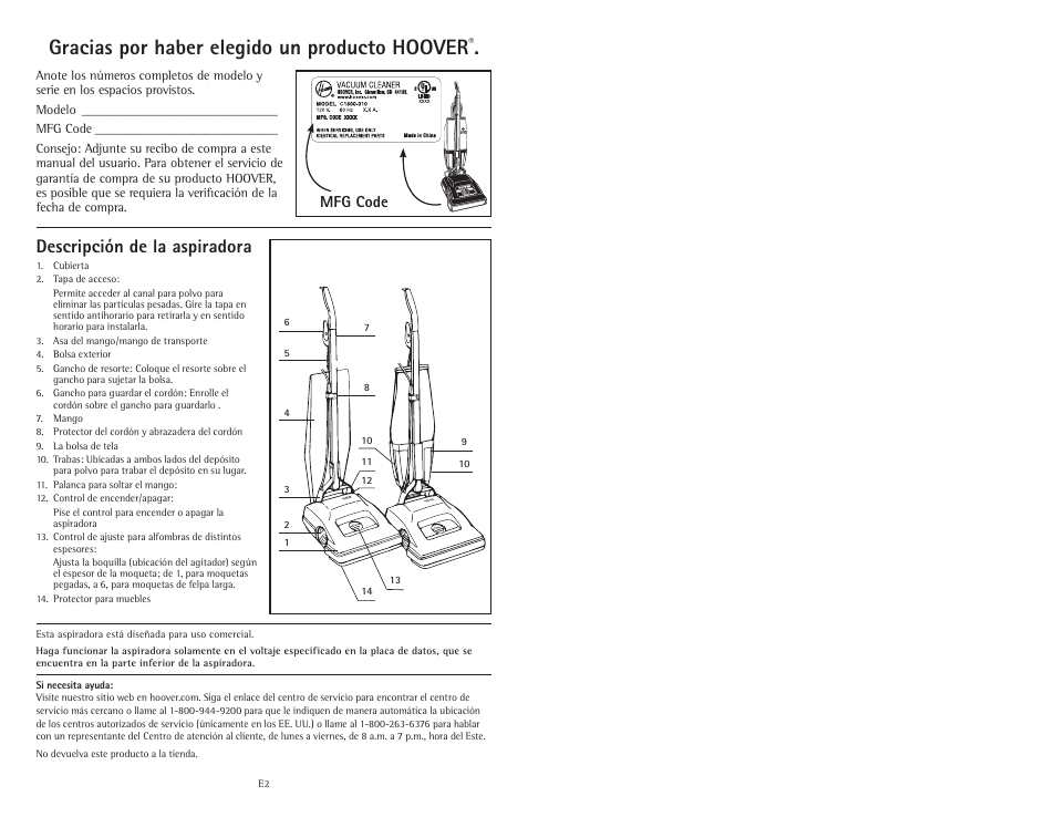 Gracias por haber elegido un producto hoover, Descripción de la aspiradora, Mfg code | Hoover C1800010 User Manual | Page 12 / 16