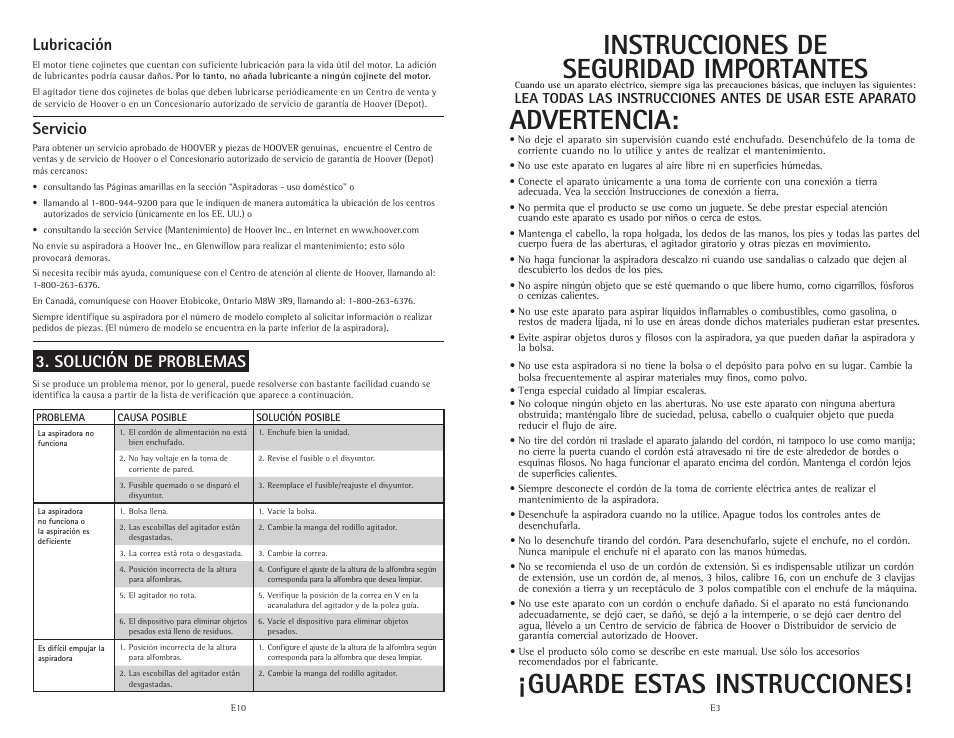 Instrucciones de seguridad importantes, Advertencia, Guarde estas instrucciones | Solución de problemas, Lubricación, Servicio | Hoover C1800010 User Manual | Page 13 / 16