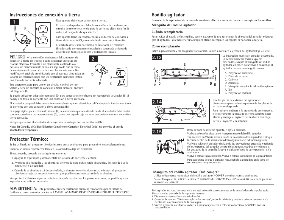 Rodillo agitador, Instrucciones de conexión a tierra, Protector térmico | Peligro, Advertencia | Hoover C1800010 User Manual | Page 14 / 16