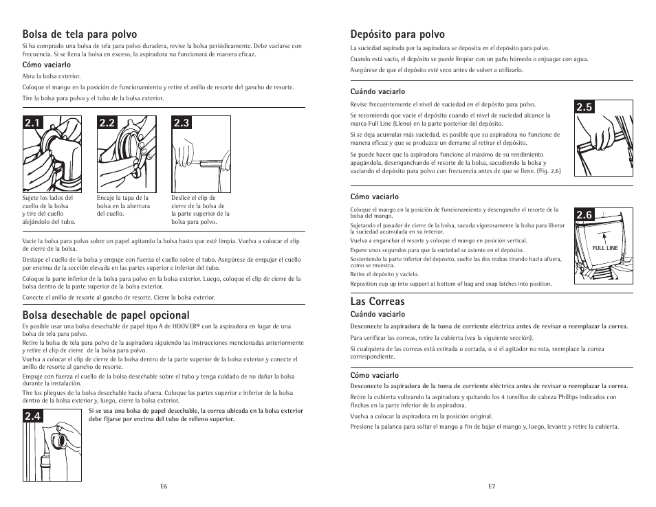 4 bolsa desechable de papel opcional, Bolsa de tela para polvo, Las correas | Depósito para polvo | Hoover C1800010 User Manual | Page 16 / 16