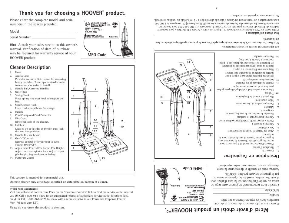 Merci d’avoir choisi un produit hoover, Product, Description de l’aspirateur | Cleaner description, Mfg code | Hoover C1800010 User Manual | Page 2 / 16