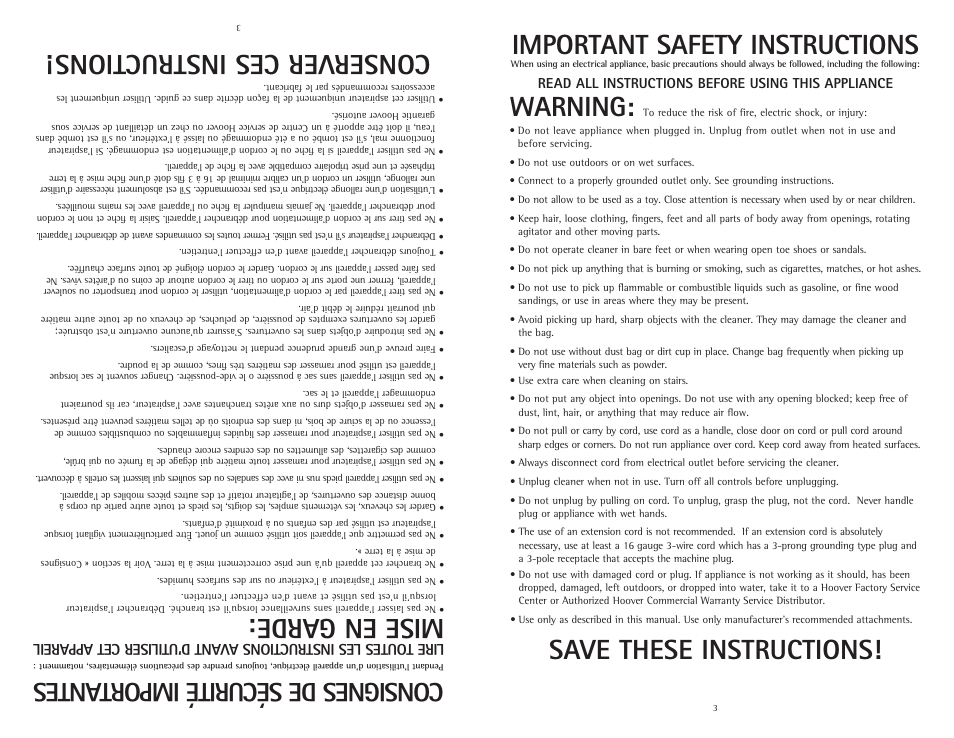 Mise en garde, Conserver ces instructions, Important safety instructions | Warning, Save these instructions, Consignes de sécurité import antes, Read all instructions before using this appliance | Hoover C1800010 User Manual | Page 3 / 16