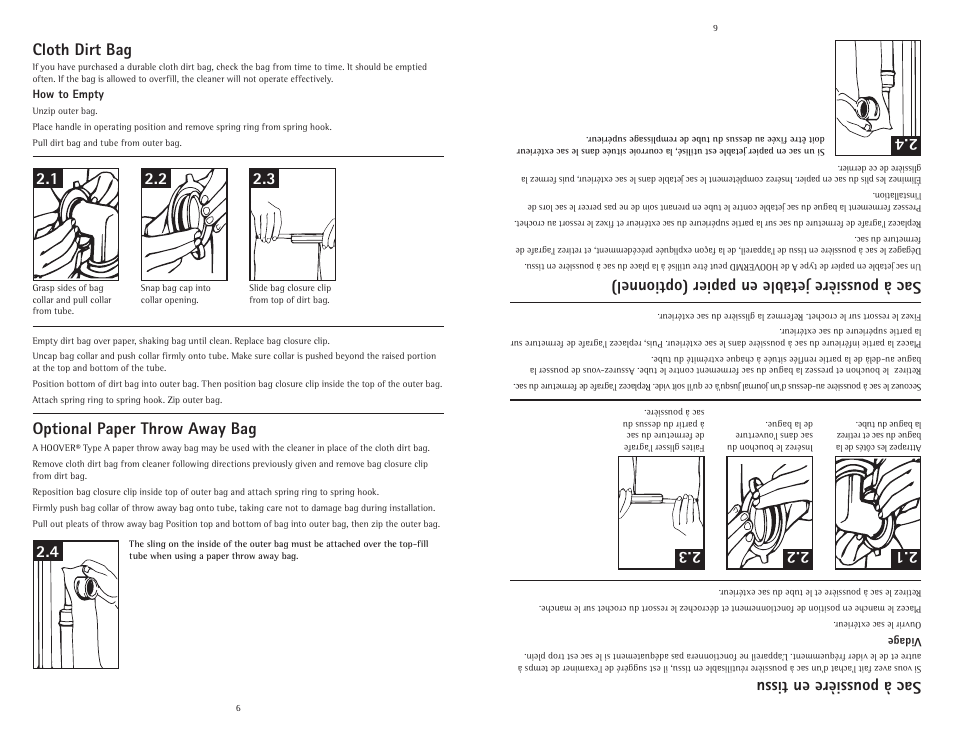 4 sac à poussière jetable en papier (optionnel), Sac à poussière en tissu, 4 optional paper throw away bag | Cloth dirt bag | Hoover C1800010 User Manual | Page 6 / 16