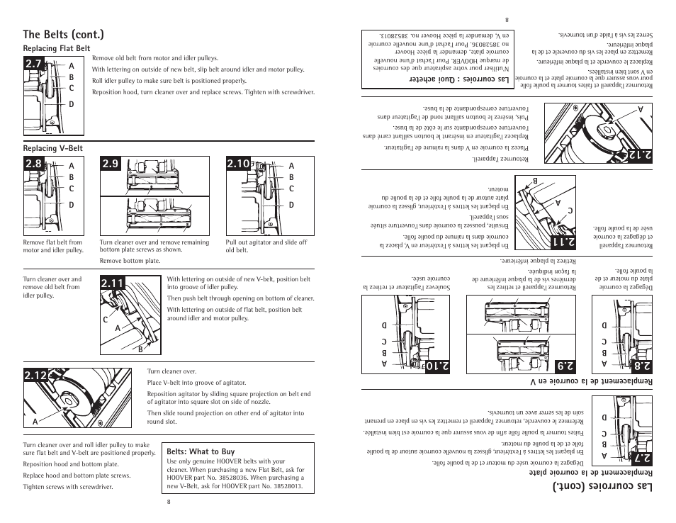 Las courroies (cont.), The belts (cont.) | Hoover C1800010 User Manual | Page 8 / 16