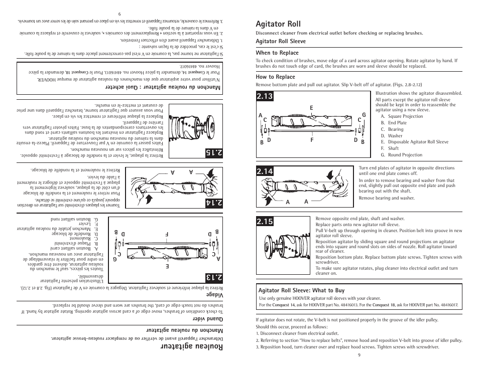 Rouleau agitateur, Agitator roll | Hoover C1800010 User Manual | Page 9 / 16