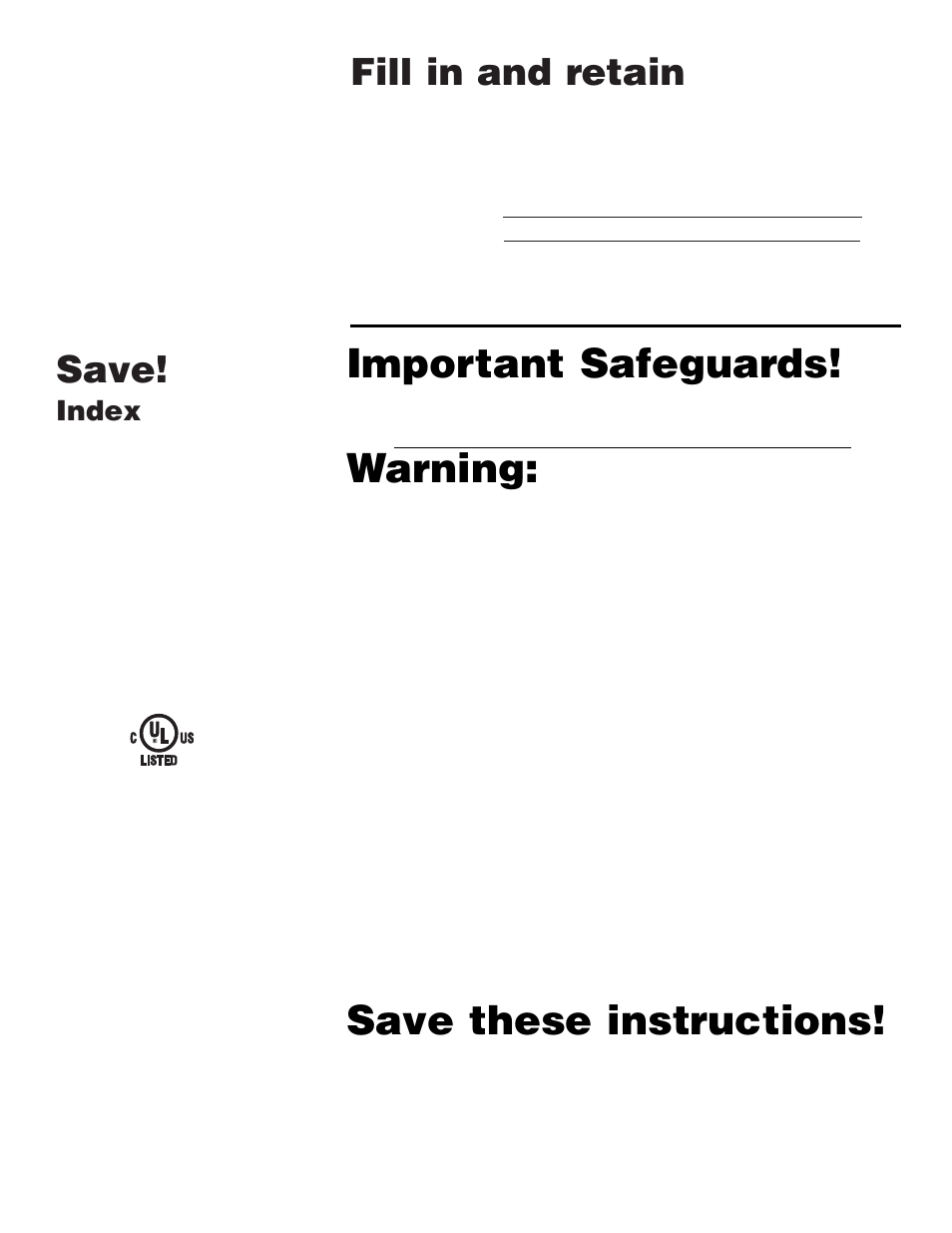 Important safeguards, Warning, Save these instructions | Fill in and retain, Save, Index | Hoover Sidewinder User Manual | Page 2 / 7