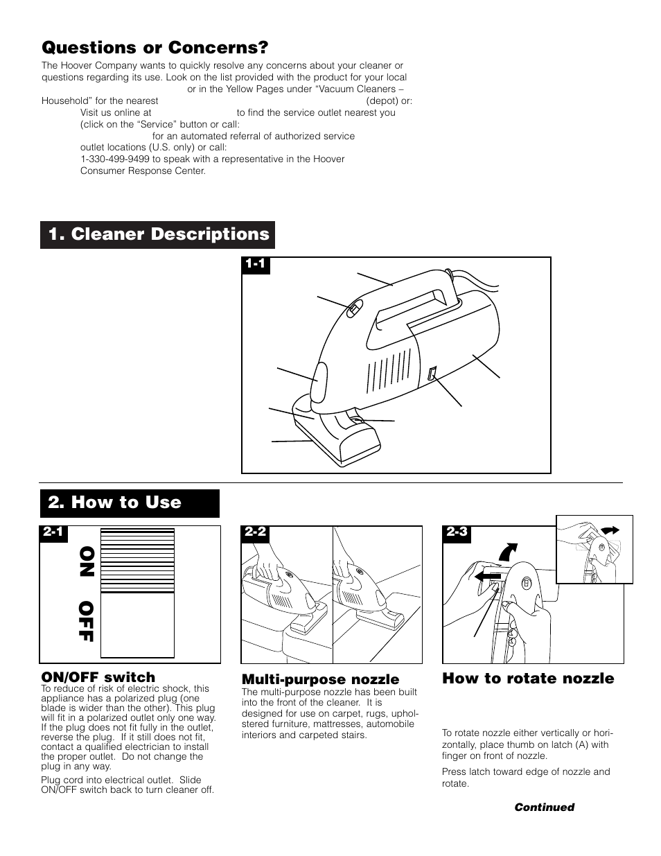 On off, Cleaner descriptions, Questions or concerns | How to use, How to rotate nozzle, On/off switch, Multi-purpose nozzle | Hoover Sidewinder User Manual | Page 3 / 7