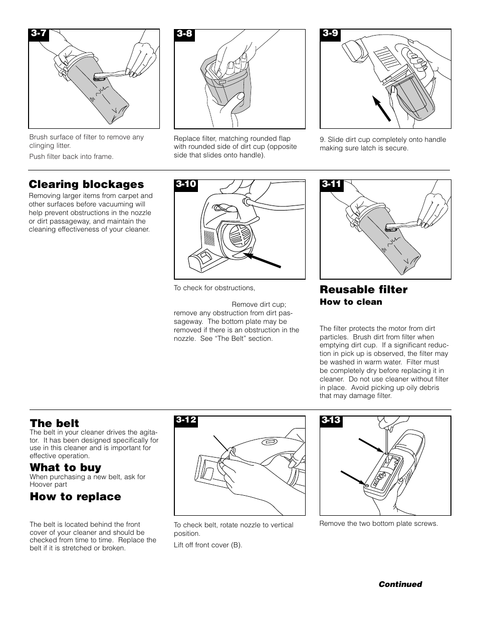 Clearing blockages, Reusable filter, The belt | What to buy, How to replace | Hoover Sidewinder User Manual | Page 5 / 7