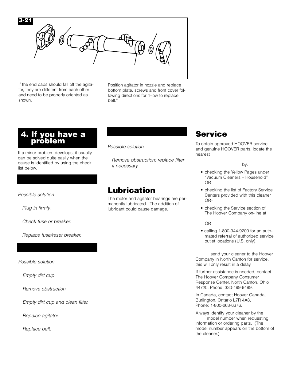 If you have a problem lubrication, Service | Hoover Sidewinder User Manual | Page 7 / 7