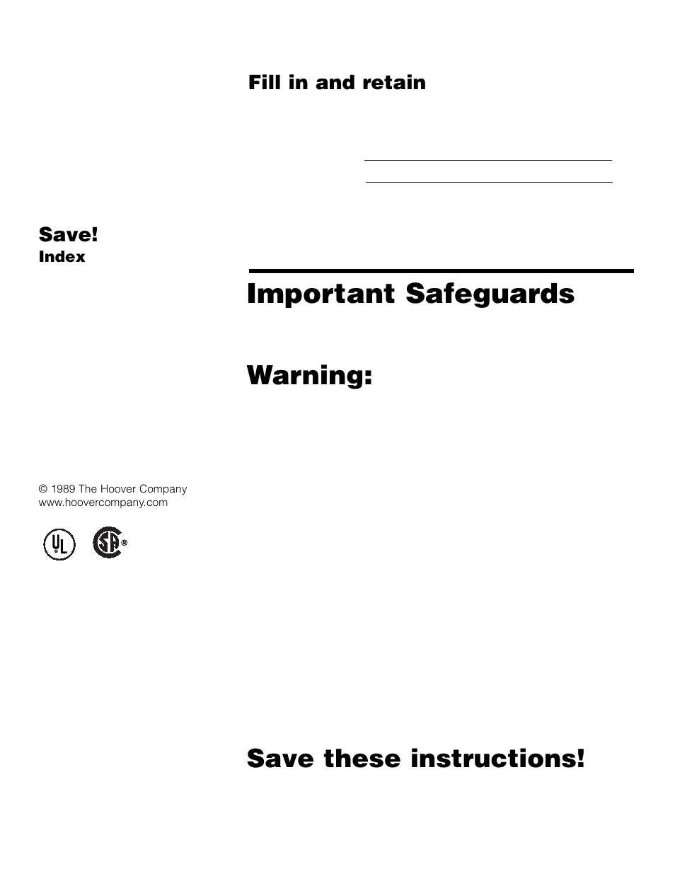 Important safeguards, Warning, Save these instructions | Fill in and retain, Save, Index | Hoover Compact Canister Cleaner User Manual | Page 2 / 8