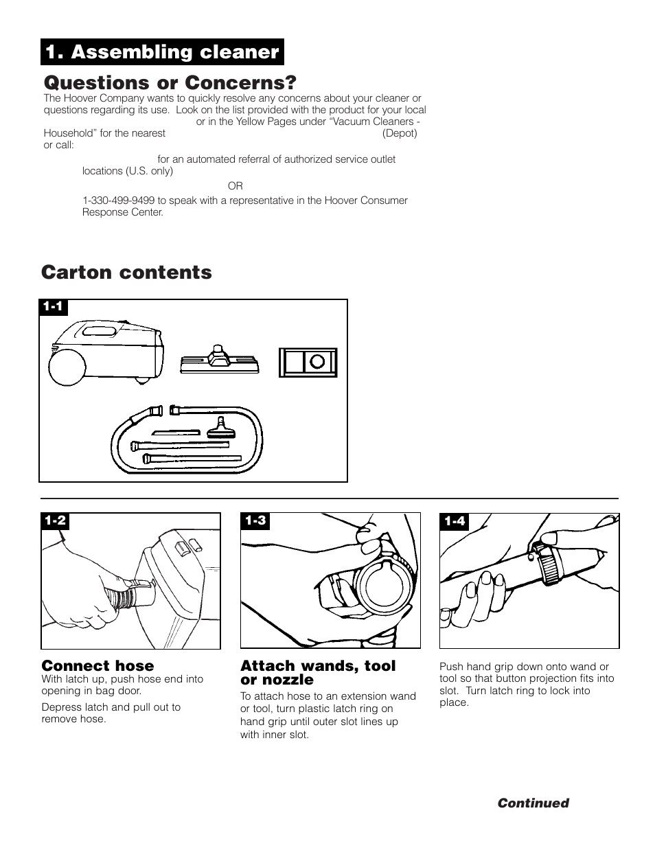 Assembling cleaner, Questions or concerns, Carton contents | Connect hose, Attach wands, tool or nozzle | Hoover Compact Canister Cleaner User Manual | Page 3 / 8