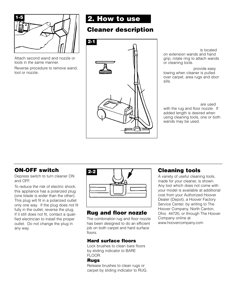 How to use, Cleaner description, On-off switch | Rug and floor nozzle, Cleaning tools | Hoover Compact Canister Cleaner User Manual | Page 4 / 8