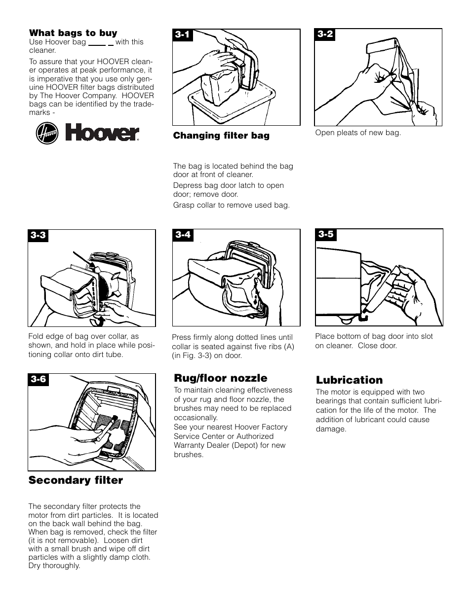 Secondary filter, Rug/floor nozzle, Lubrication | Hoover Compact Canister Cleaner User Manual | Page 6 / 8