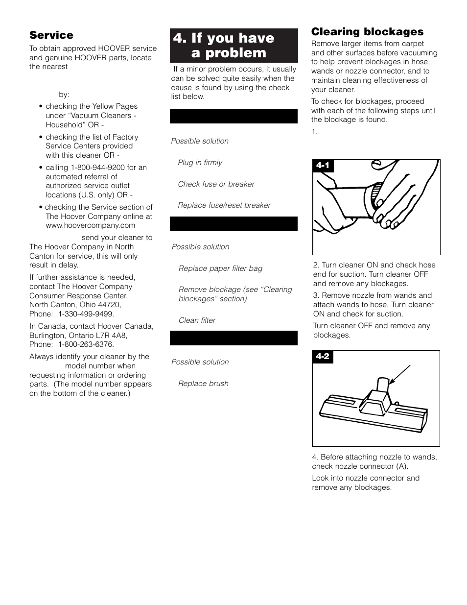 If you have a problem, Service, Clearing blockages | Hoover Compact Canister Cleaner User Manual | Page 7 / 8