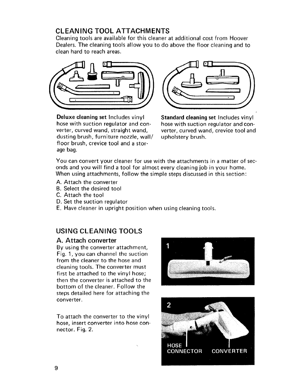 Cleaning tool attachments, Using cleaning tools, A. attach converter | How to use cleaning tools -12 | Hoover CONVERTIBLE U4057 User Manual | Page 10 / 20