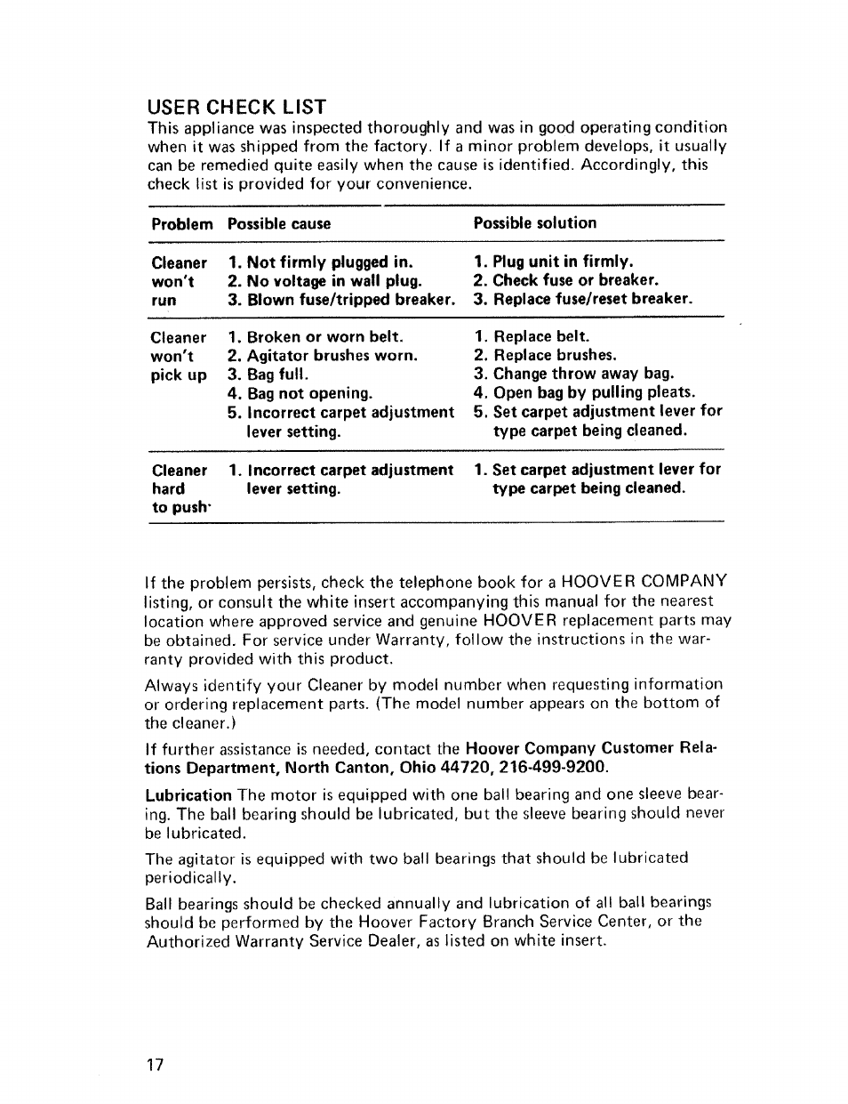 User check list | Hoover CONVERTIBLE U4057 User Manual | Page 18 / 20