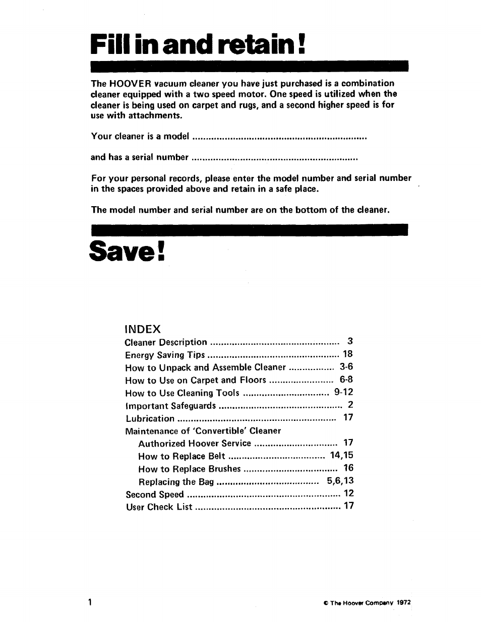 Fill in and r«iain, L^lll iii cll lu iifmiii, Index | Hoover CONVERTIBLE U4057 User Manual | Page 2 / 20