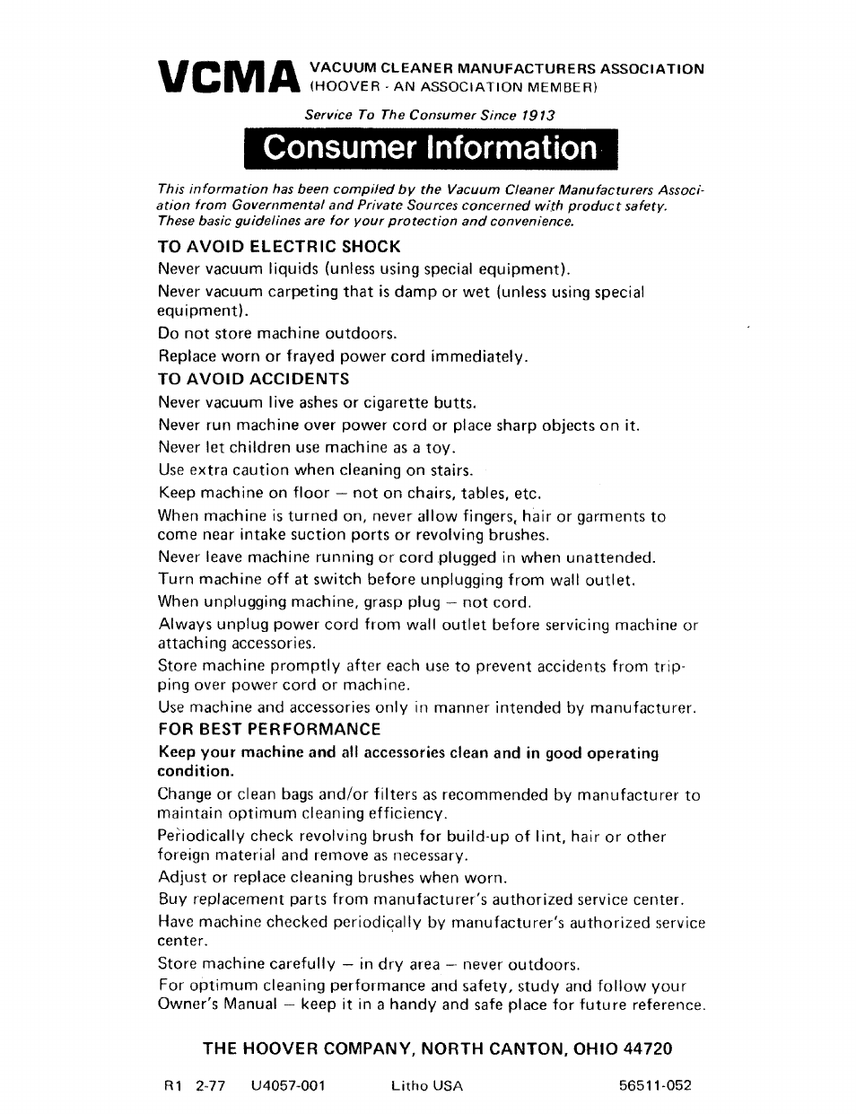 Vcma, Consumer information | Hoover CONVERTIBLE U4057 User Manual | Page 20 / 20