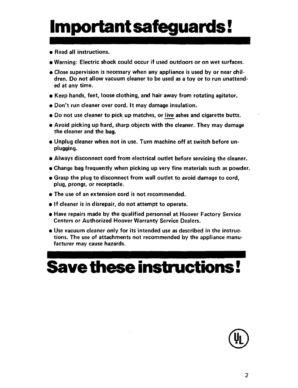 Important safeguards, Save these instructions | Hoover CONVERTIBLE U4057 User Manual | Page 3 / 20