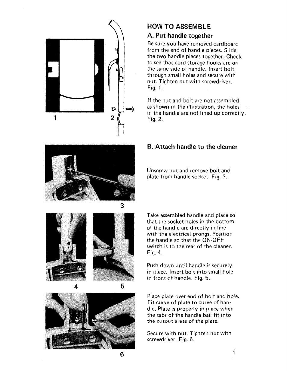 How to assemble, A. put handle together, B. attach handle to the cleaner | How to assemble a. put handle together | Hoover CONVERTIBLE U4057 User Manual | Page 5 / 20