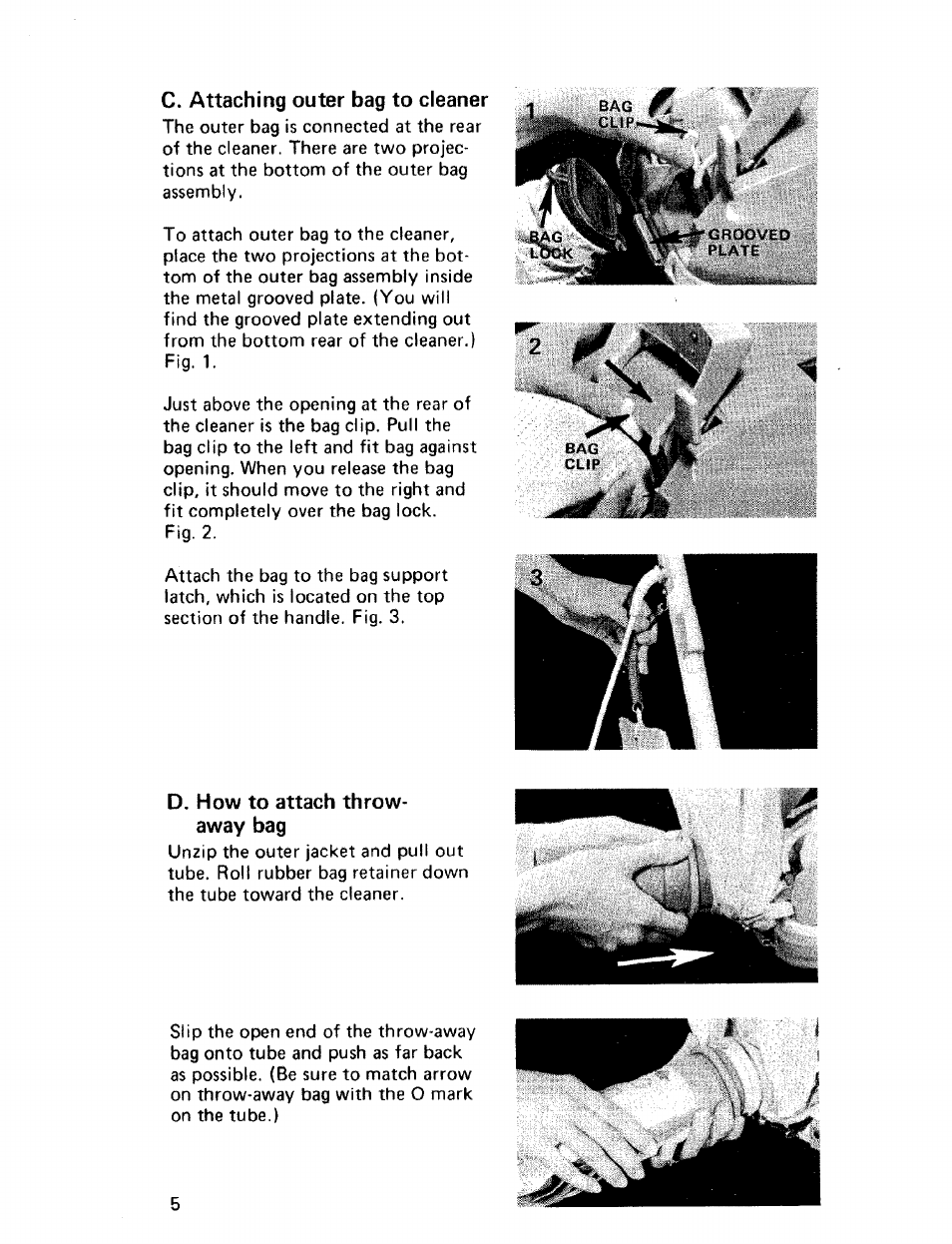 D. how to attach throwaway bag, C. attaching outer bag to cleaner, D. how to attach throw­ away bag | Hoover CONVERTIBLE U4057 User Manual | Page 6 / 20