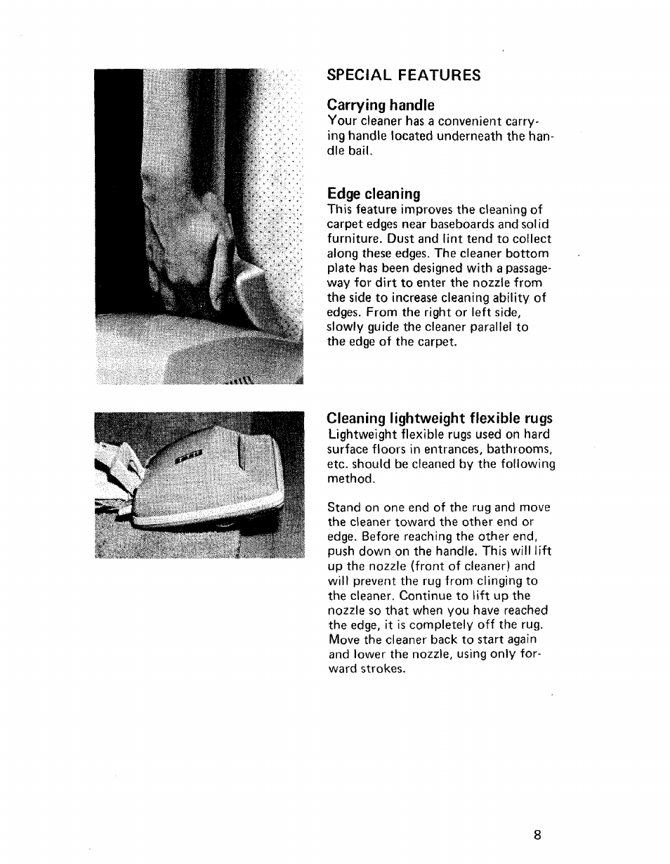 Special features, Carrying handle, Edge cleaning | Cleaning lightweight flexible rugs | Hoover CONVERTIBLE U4057 User Manual | Page 9 / 20