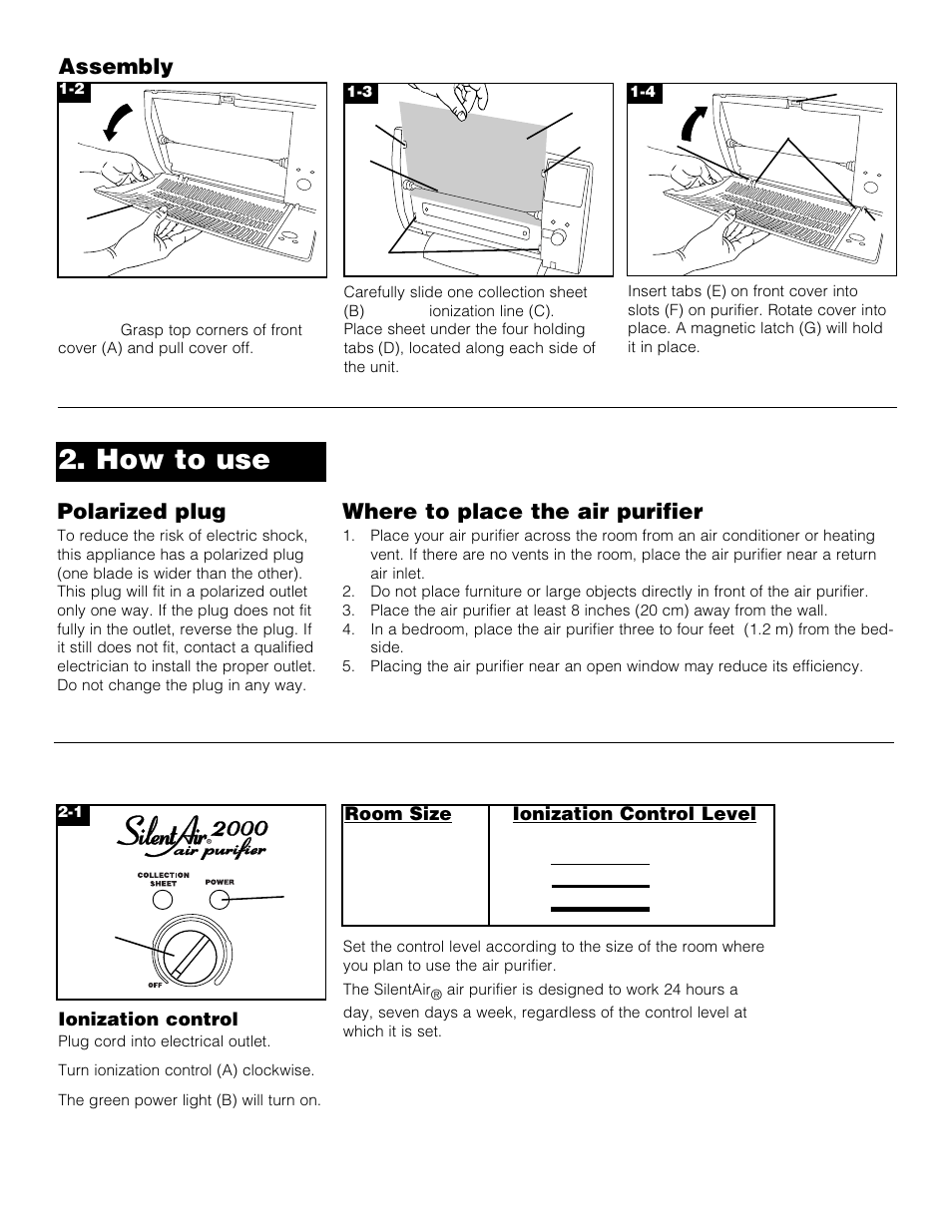 How to use, Where to place the air purifier, Polarized plug | Assembly | Hoover SilentAir 2000 User Manual | Page 4 / 8