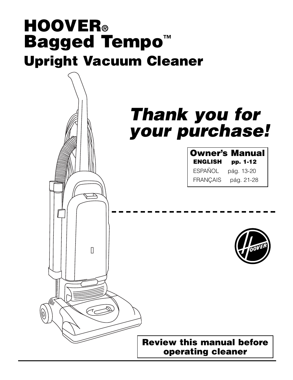 Hoover Bagged Tempo Upright Vacuum Cleaner User Manual | 12 pages