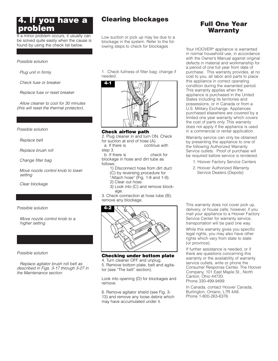 If you have a problem, Clearing blockages, Full one year warranty (domestic use) | Hoover Bagged Tempo Upright Vacuum Cleaner User Manual | Page 12 / 12