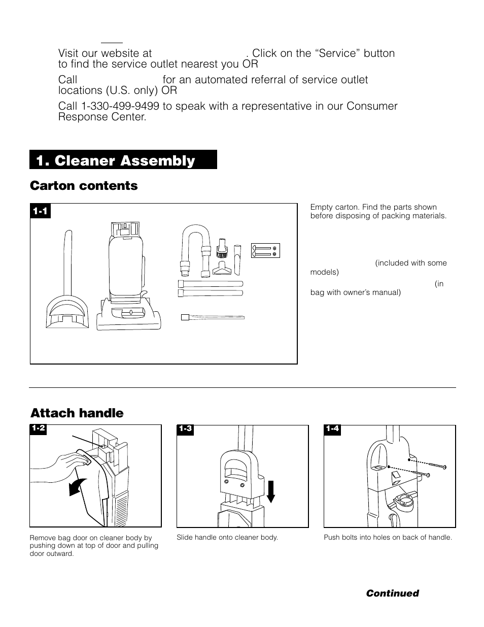 Cleaner assembly, If you need any assistance, Carton contents | Attach handle | Hoover Bagged Tempo Upright Vacuum Cleaner User Manual | Page 3 / 12