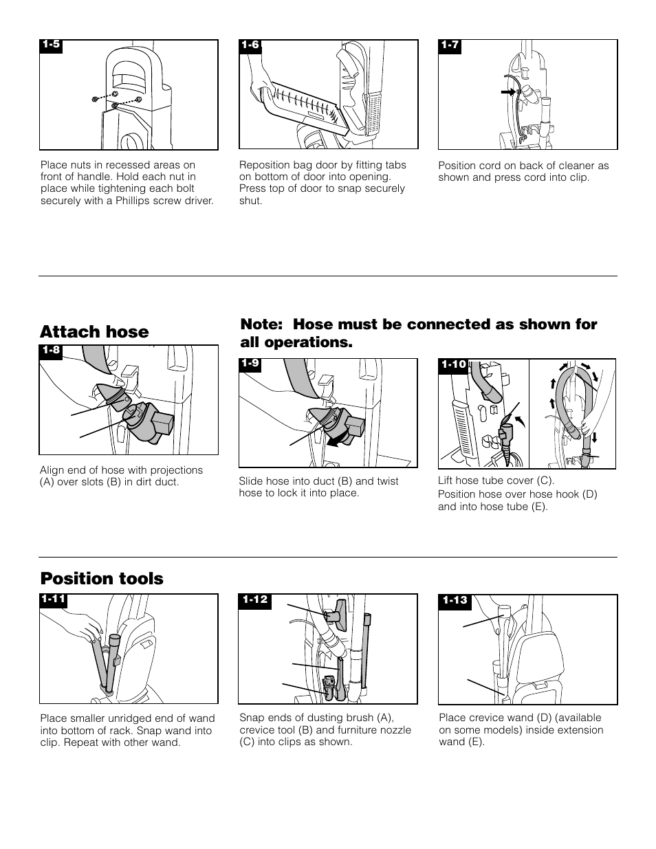 Attach hose position tools | Hoover Bagged Tempo Upright Vacuum Cleaner User Manual | Page 4 / 12
