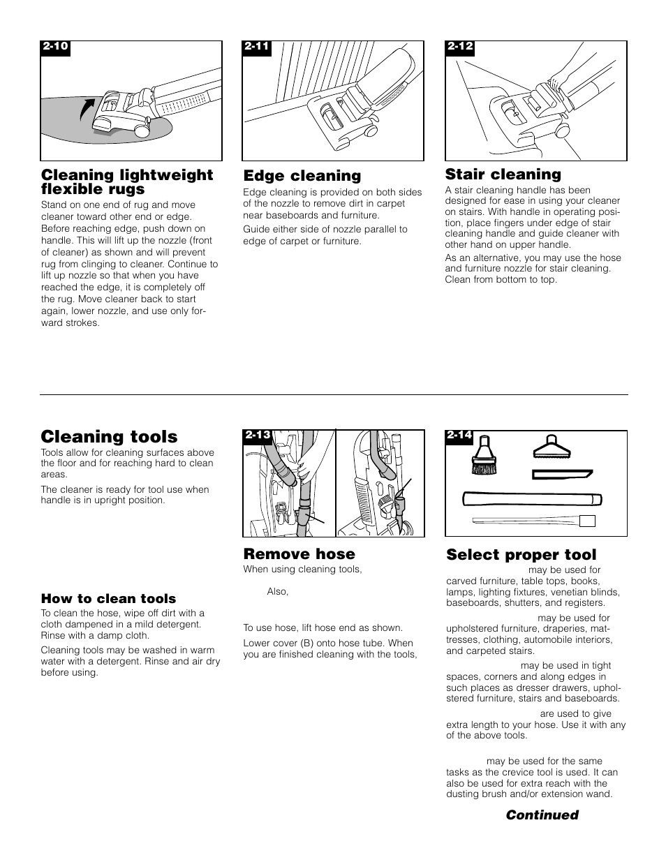 Cleaning tools, Cleaning lightweight flexible rugs, Edge cleaning | Select proper tool, Stair cleaning, Remove hose | Hoover Bagged Tempo Upright Vacuum Cleaner User Manual | Page 7 / 12