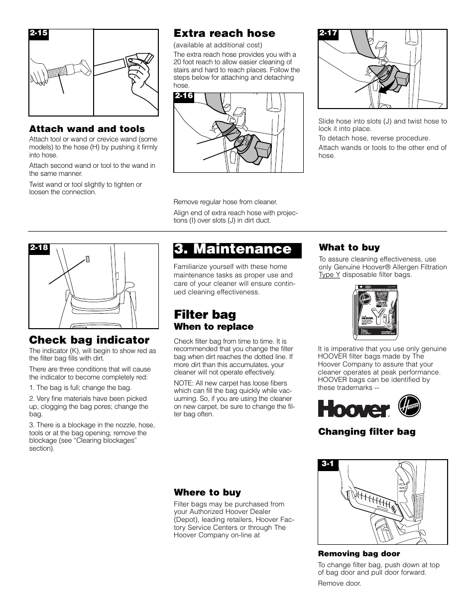 Maintenance, Filter bag, Check bag indicator | Extra reach hose | Hoover Bagged Tempo Upright Vacuum Cleaner User Manual | Page 8 / 12