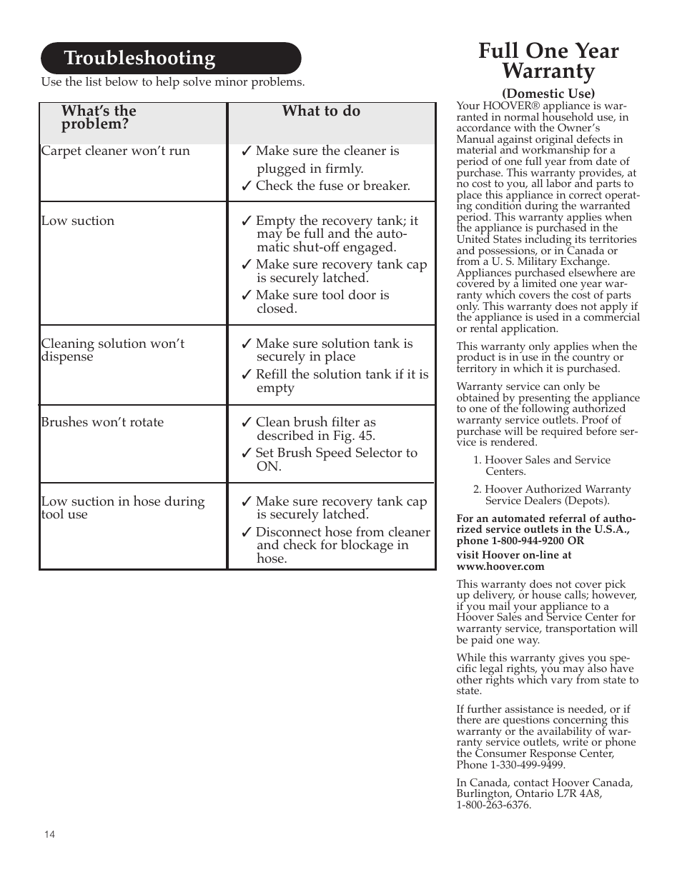 Full one year warranty, Troubleshooting, What’s the what to do problem | Hoover SteamVac Y Series User Manual | Page 14 / 28