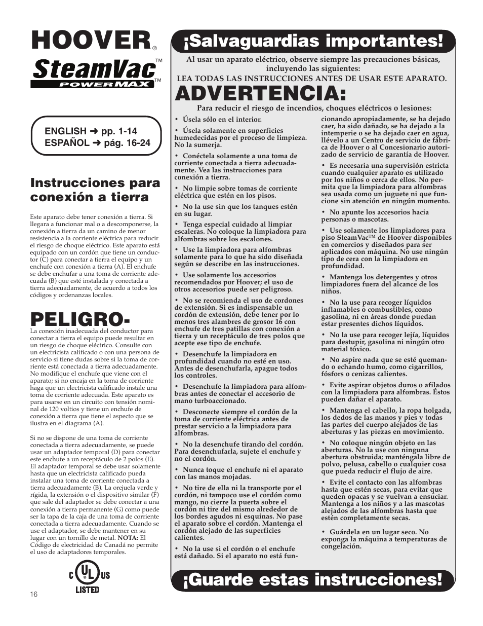 Hoover, Advertencia, Peligro | Salvaguardias importantes, Guarde estas instrucciones, Instrucciones para conexión a tierra | Hoover SteamVac Y Series User Manual | Page 16 / 28