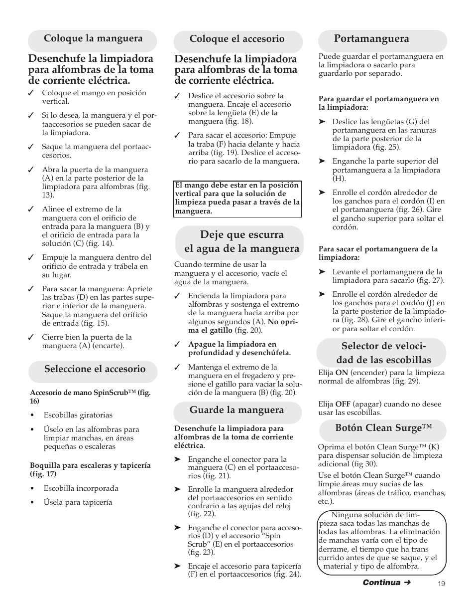 Deje que escurra el agua de la manguera, Portamanguera | Hoover SteamVac Y Series User Manual | Page 19 / 28