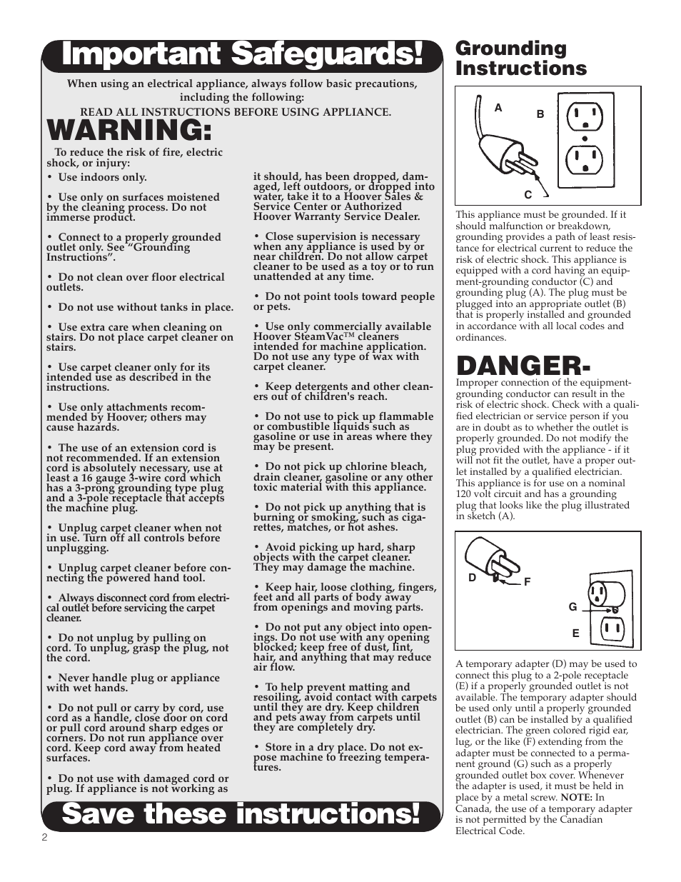 Important safeguards, Warning, Save these instructions | Danger, Grounding instructions | Hoover SteamVac Y Series User Manual | Page 2 / 28