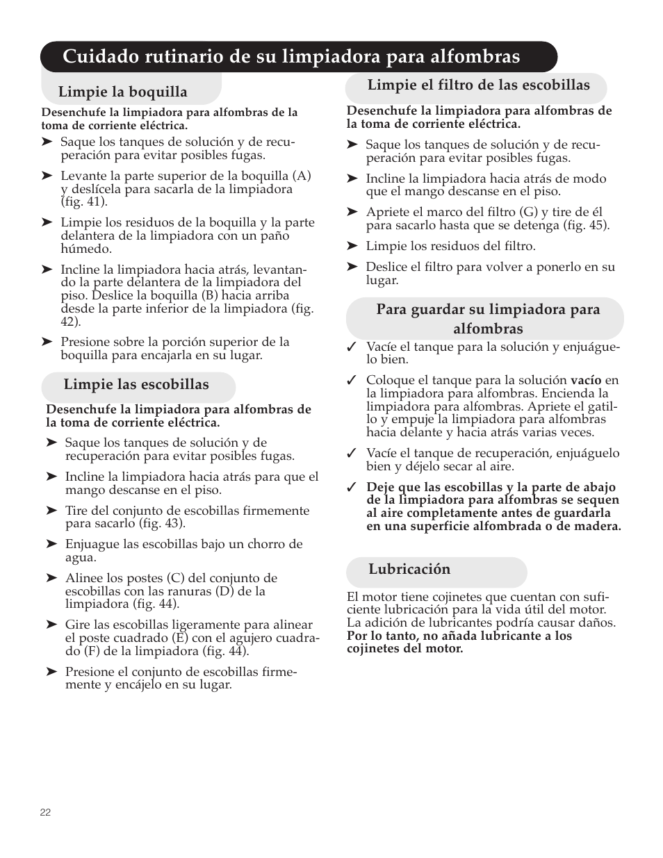 Cuidado rutinario de su limpiadora para alfombras | Hoover SteamVac Y Series User Manual | Page 22 / 28