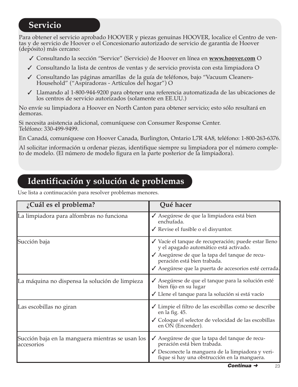 Identificación y solución de problemas, Servicio | Hoover SteamVac Y Series User Manual | Page 23 / 28