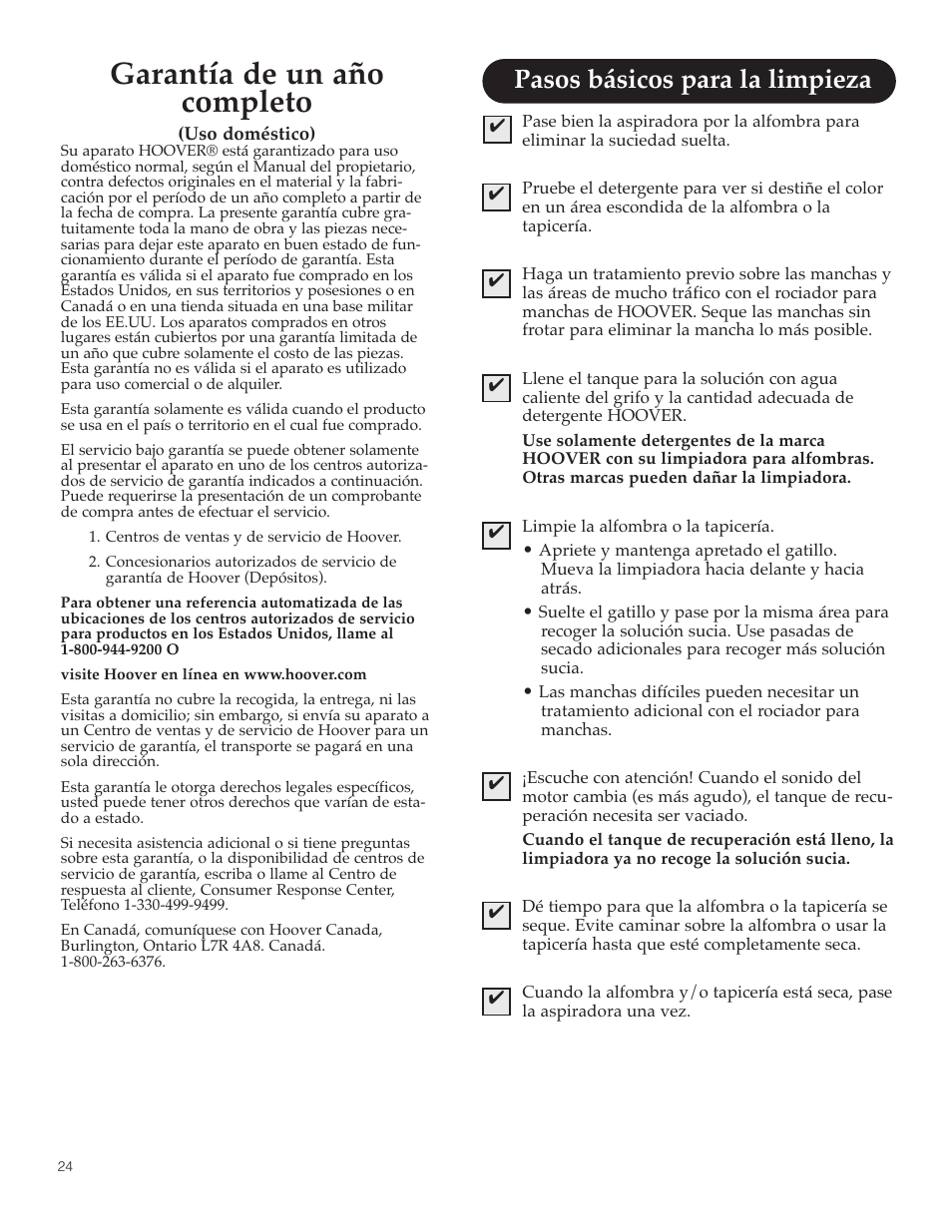 Garantía de un año completo, Pasos básicos para la limpieza | Hoover SteamVac Y Series User Manual | Page 24 / 28