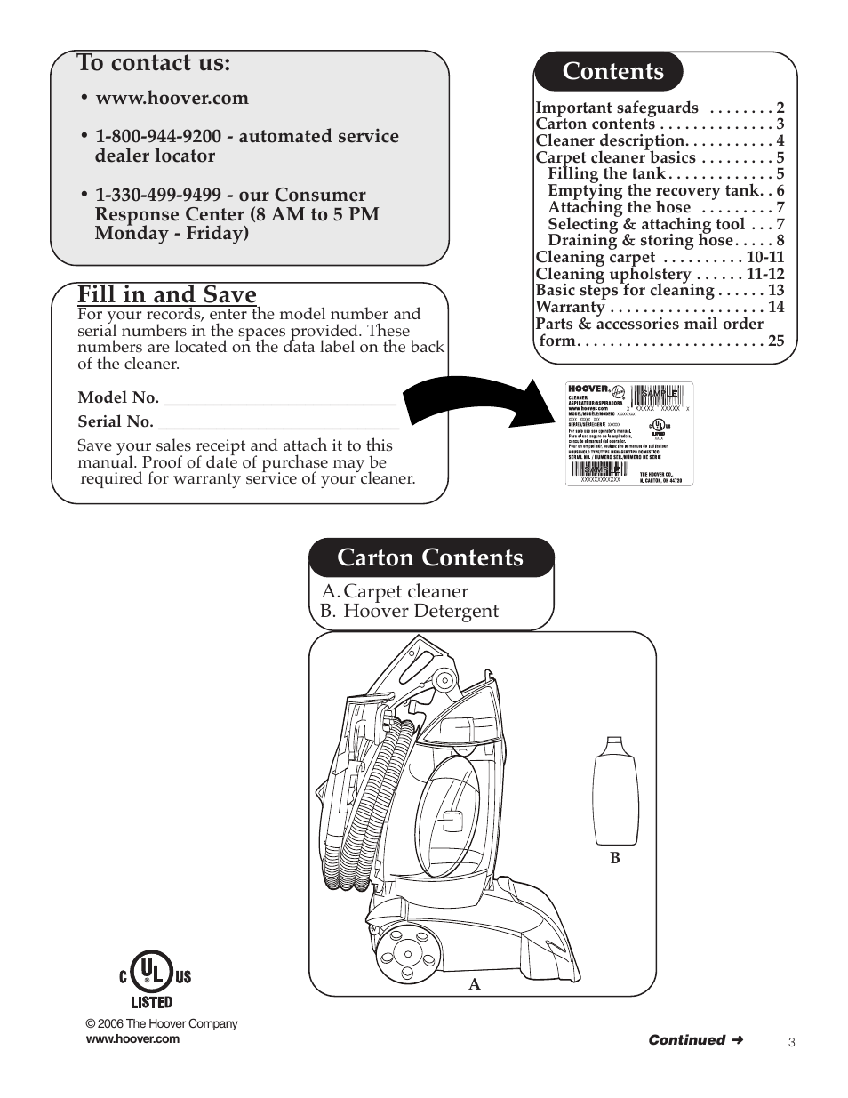 Fill in and save, Contents carton contents | Hoover SteamVac Y Series User Manual | Page 3 / 28