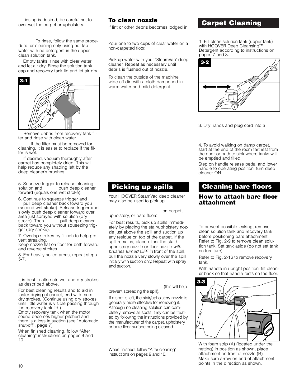 Carpet cleaning picking up spills, Cleaning bare floors, How to attach bare floor attachment | Hoover F5906900 User Manual | Page 10 / 36