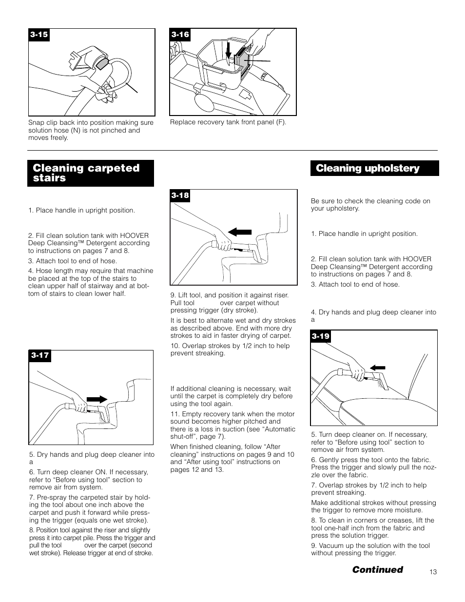 Cleaning upholstery, Cleaning carpeted stairs, Continued | Hoover F5906900 User Manual | Page 13 / 36