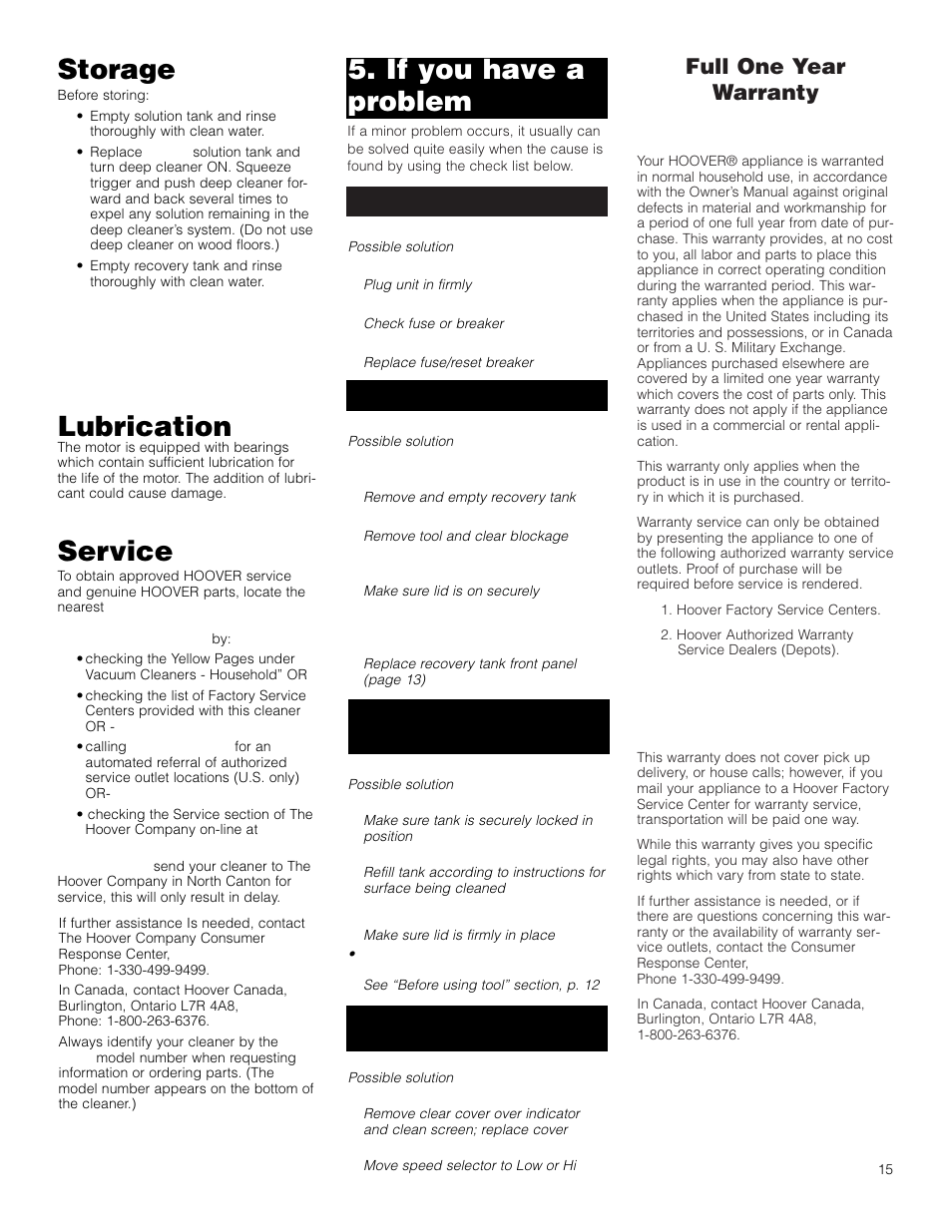 If you have a problem, Storage, Lubrication | Service, Full one year warranty (domestic use) | Hoover F5906900 User Manual | Page 15 / 36