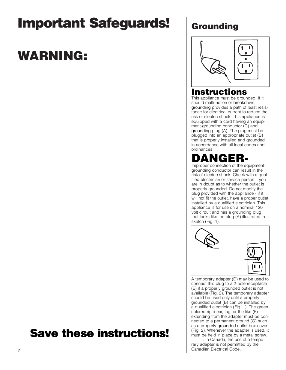 Important safeguards, Warning, Danger | Save these instructions, Grounding instructions | Hoover F5906900 User Manual | Page 2 / 36