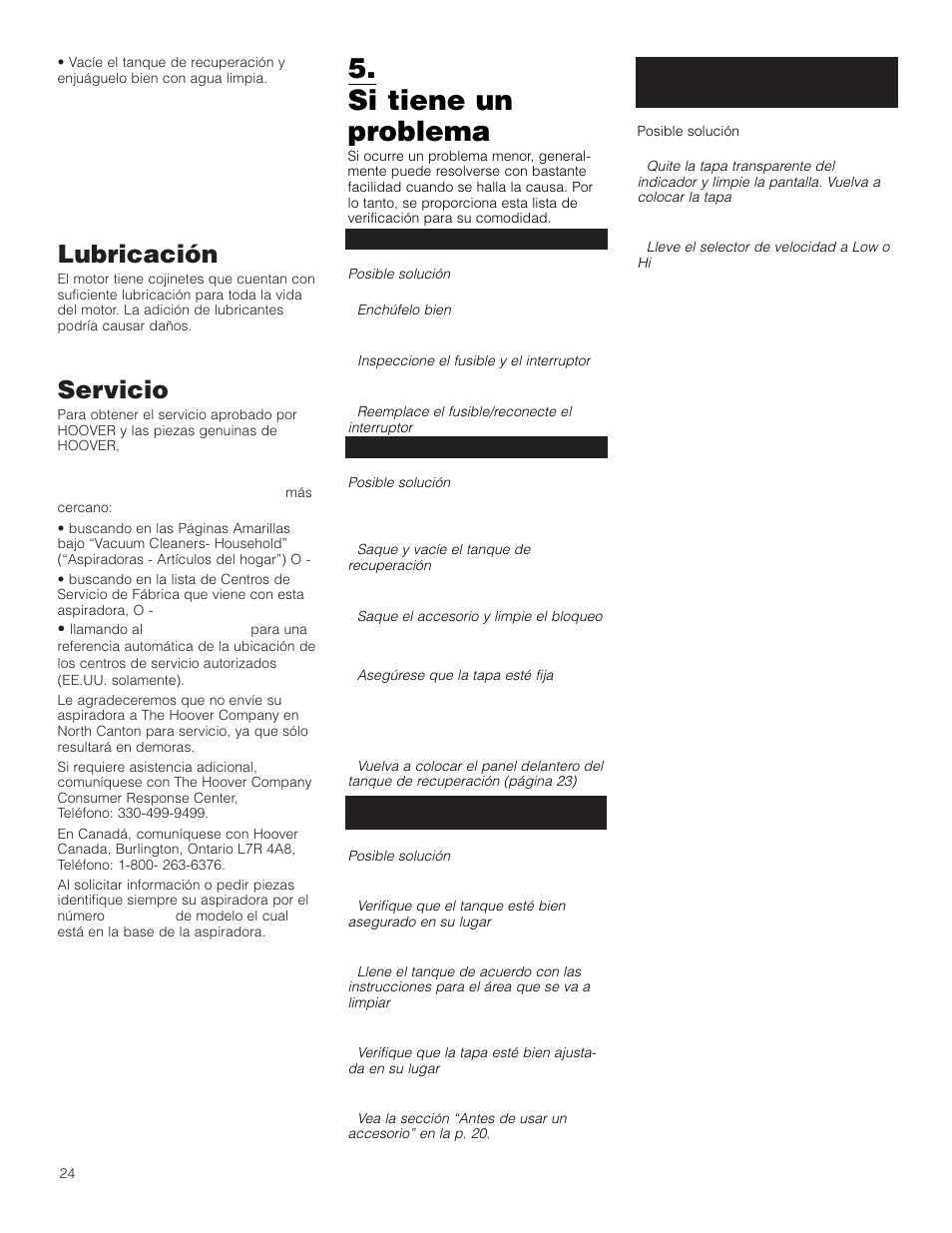 Si tiene un problema, Lubricación, Servicio | Hoover F5906900 User Manual | Page 24 / 36