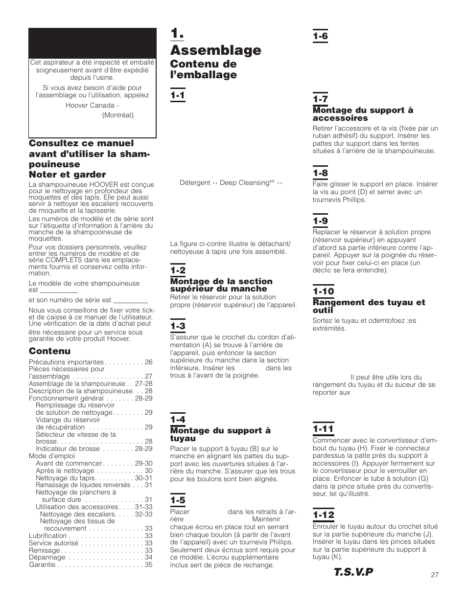 Assemblage, T.s.v.p, Contenu de l’emballage | Hoover F5906900 User Manual | Page 27 / 36